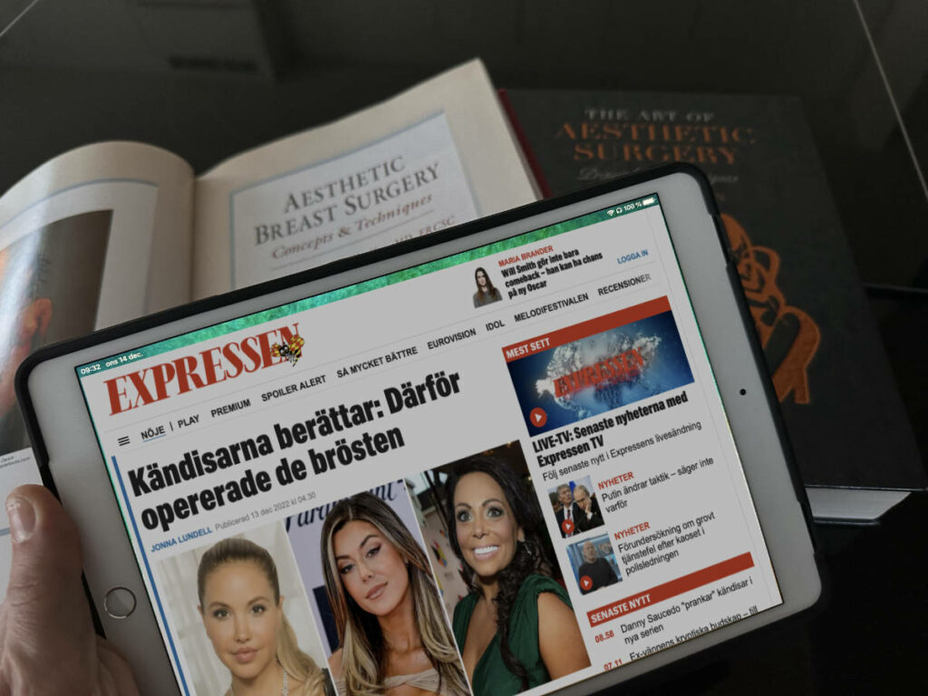 artikel i expressen på en iPad som handlar om kända svenska kvinnor som berättar om sina bröstoperationer